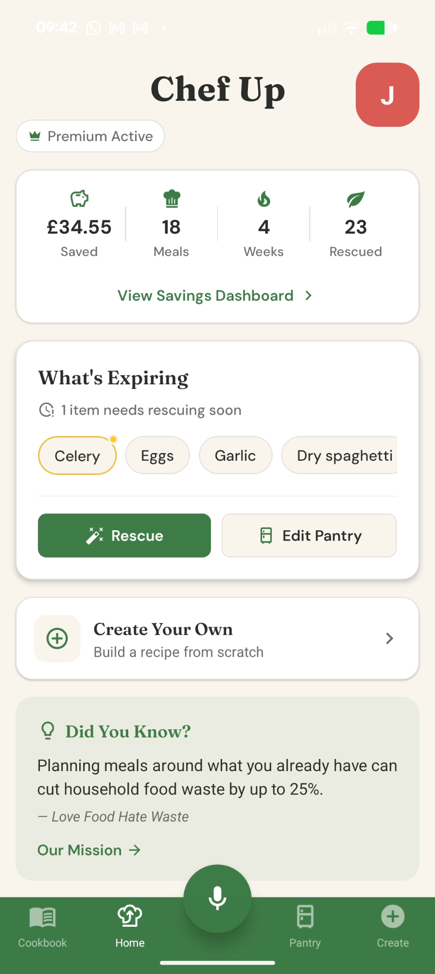 ChefUp Home Dashboard showing savings, expiring items, and rescue options