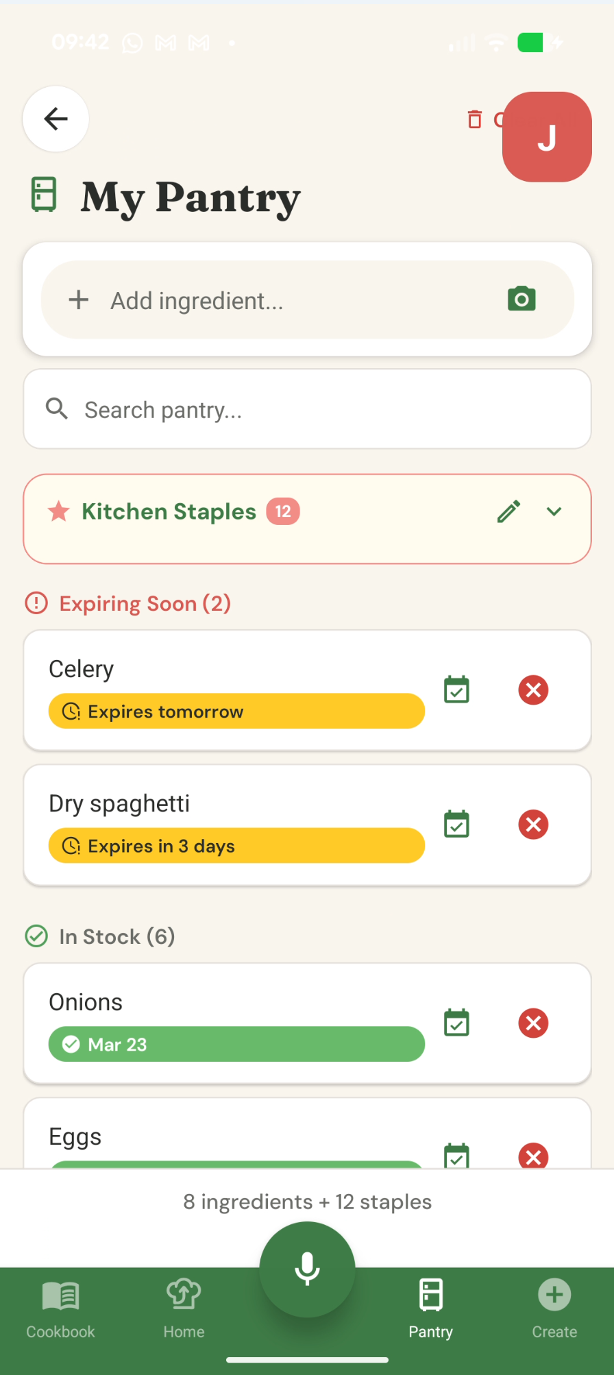 My Pantry view with expiry tracking and ingredient stock levels