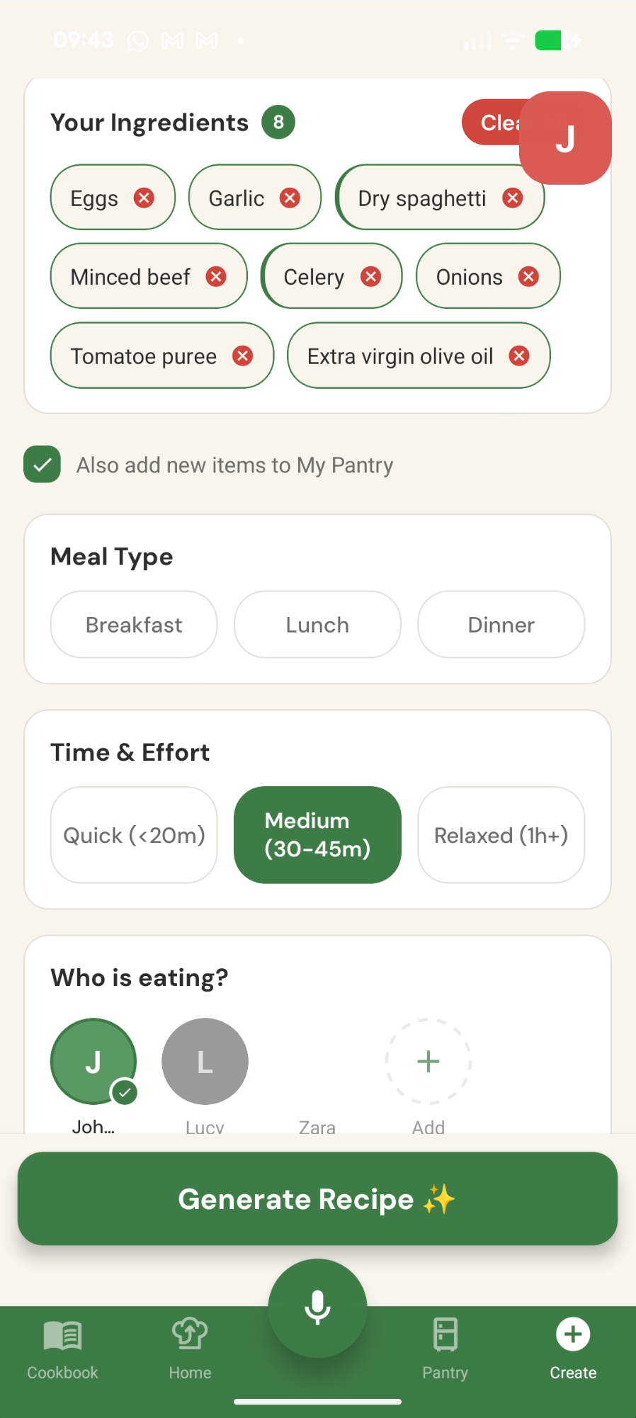 Create a recipe by selecting ingredients, meal type, and time