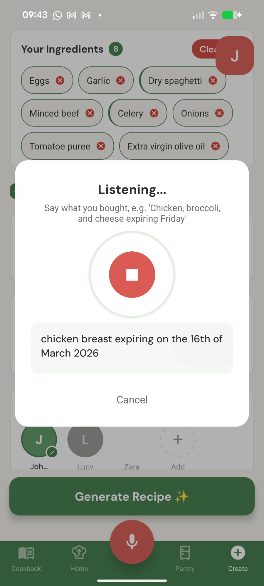 Voice input to add ingredients and expiry dates hands-free