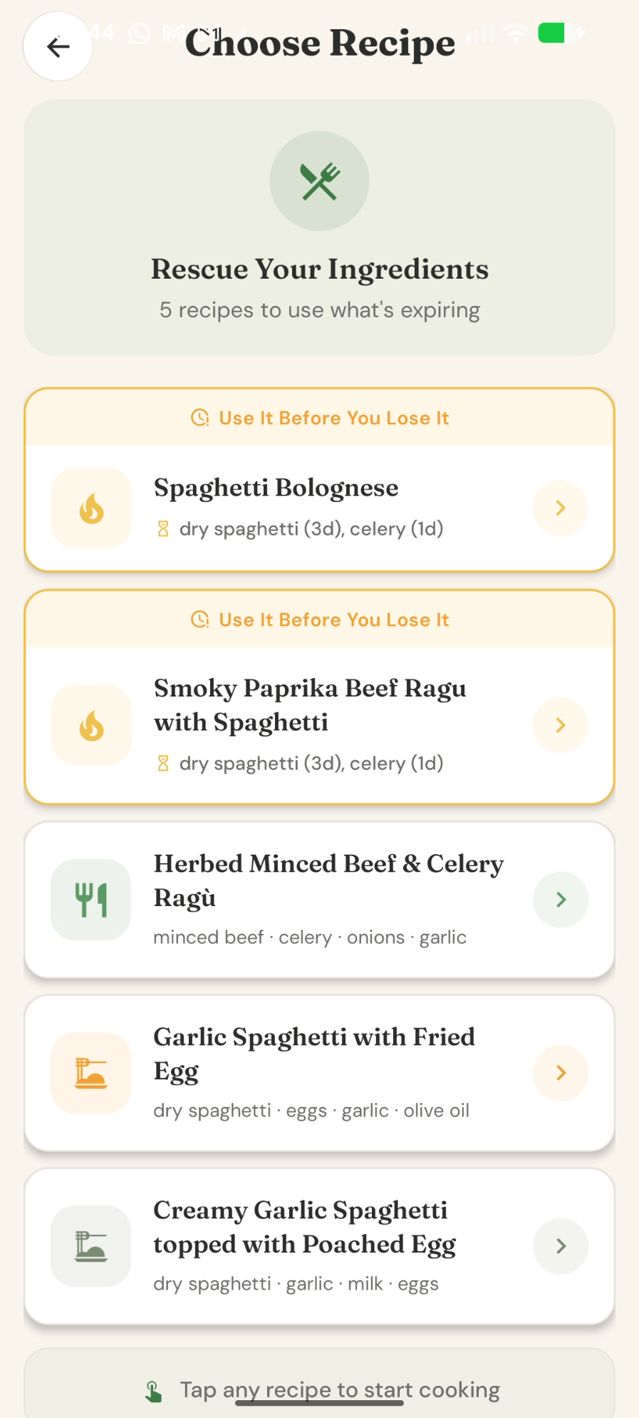 Choose from generated rescue recipes using expiring ingredients