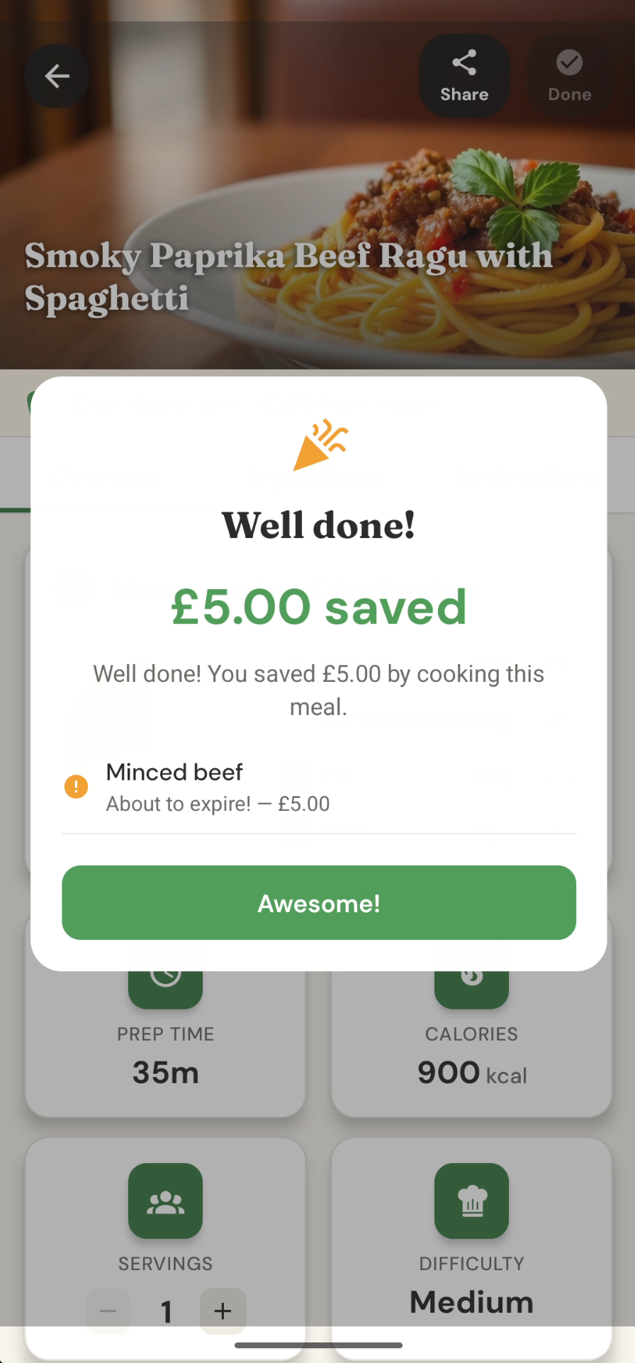 Savings confirmation showing money saved by cooking before food expires